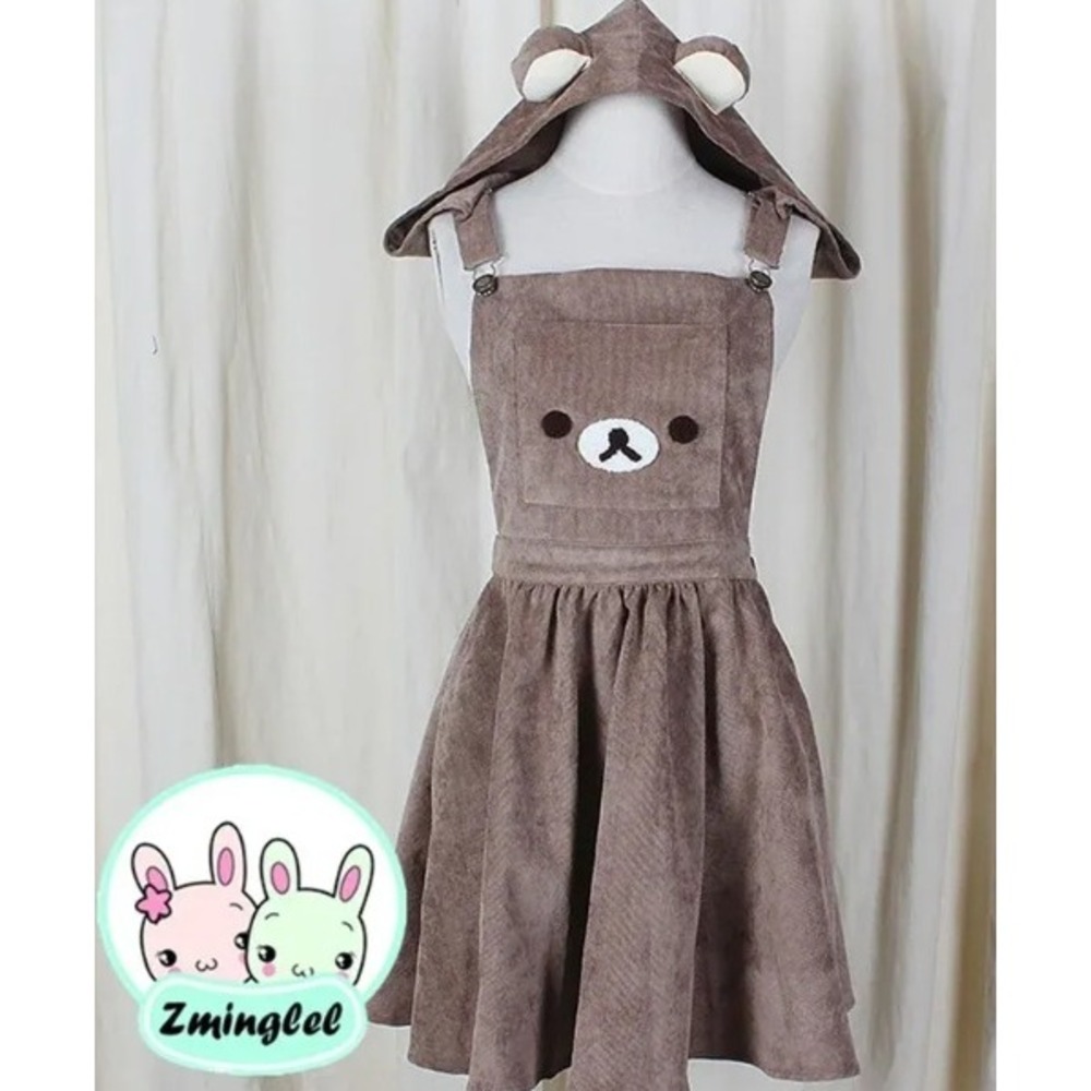 San-X Rilakkuma Suspender Dress Womens Size M Brown Corduroy Hooded Overall - Picture 5 of 7